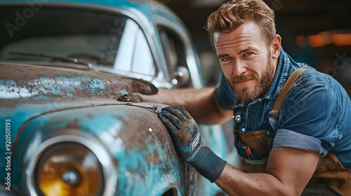 Hombre rudo con barba en un taller de mecanica arrelgando un coche antiguo photo