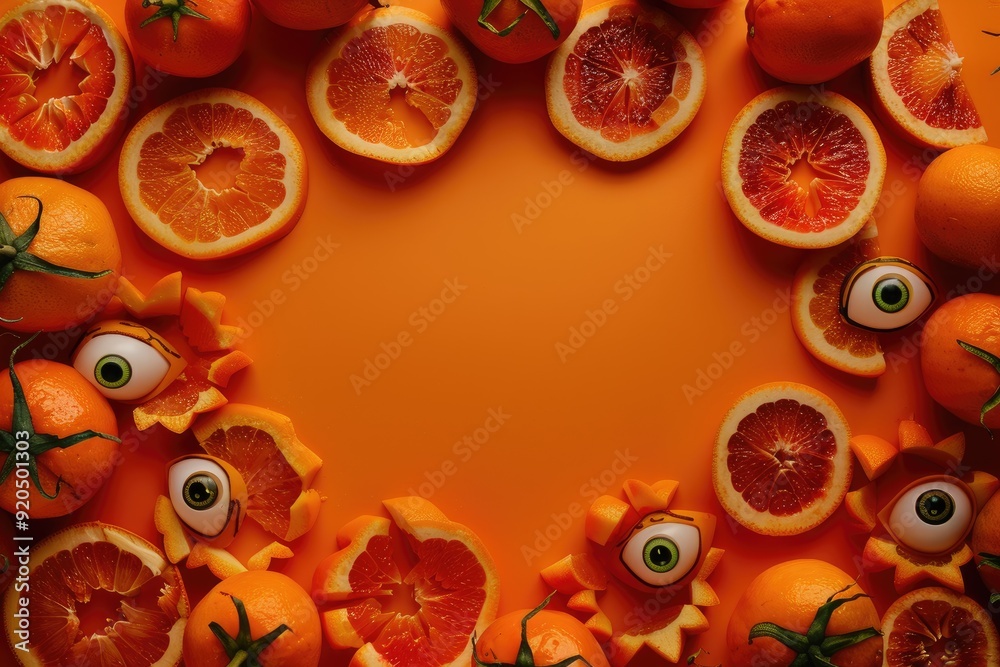 orange slices with eyes on orange background orange slices with eyes on orange background