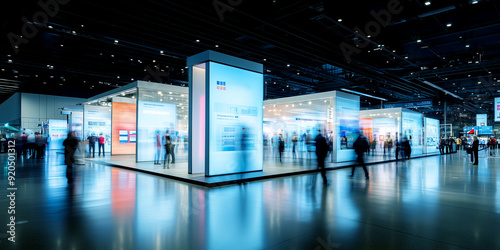 IT business convention, demonstration booth. Long exposure. Blurred human motion. Hand edited generative AI.