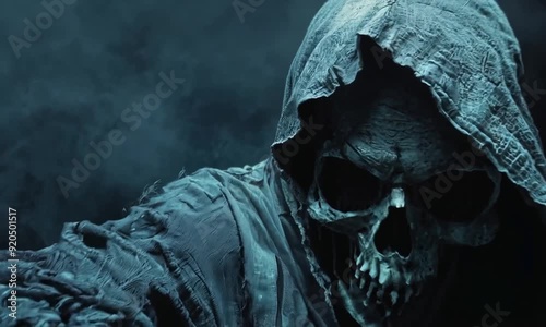 Grim reaper reaching towards the camera over dark background