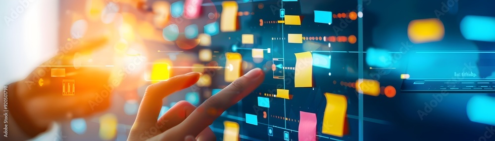 Fototapeta premium Hand Interacting With Digital Interface With Colorful Sticky Notes.