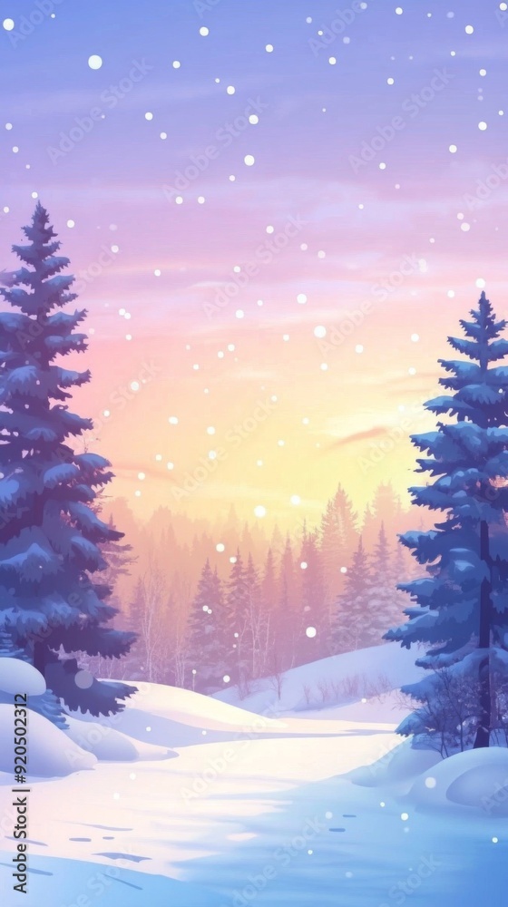 Winter Landscape Wallpaper with Snowy Pine Forest and Scenic Sky at Sunset, Perfect for Christmas and New Year's Greeting Cards. Winter Landscape Wallpaper with Snowy Pine Forest and Scenic Sky at Sunset, Perfect for Christmas and New Year's Greeting Cards.
