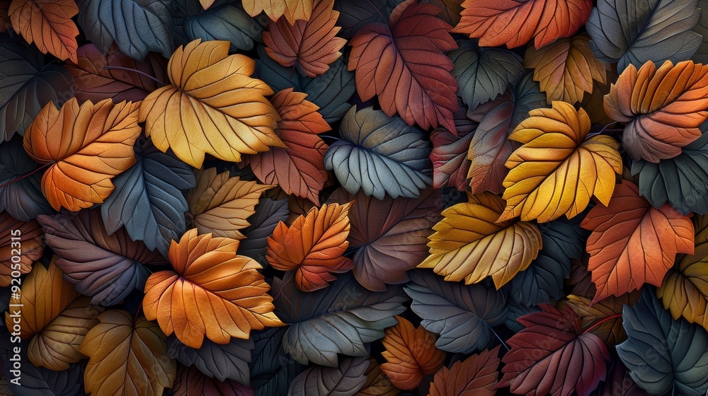 Vibrant autumn leaves of various colors scattered on a dark background Vibrant autumn leaves of various colors scattered on a dark background