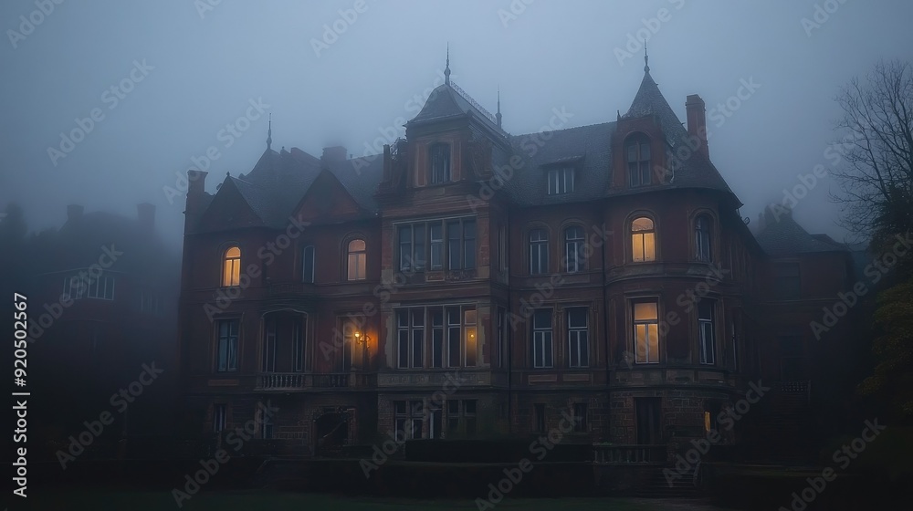 Spooky old gothic castle, foggy night, haunted mansion