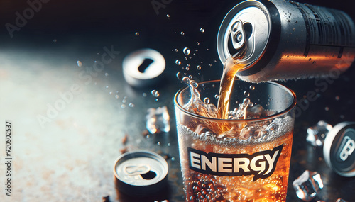 Eine Dose mit einem Energy Drink, der in ein Glas geschüttet wird, copy space photo