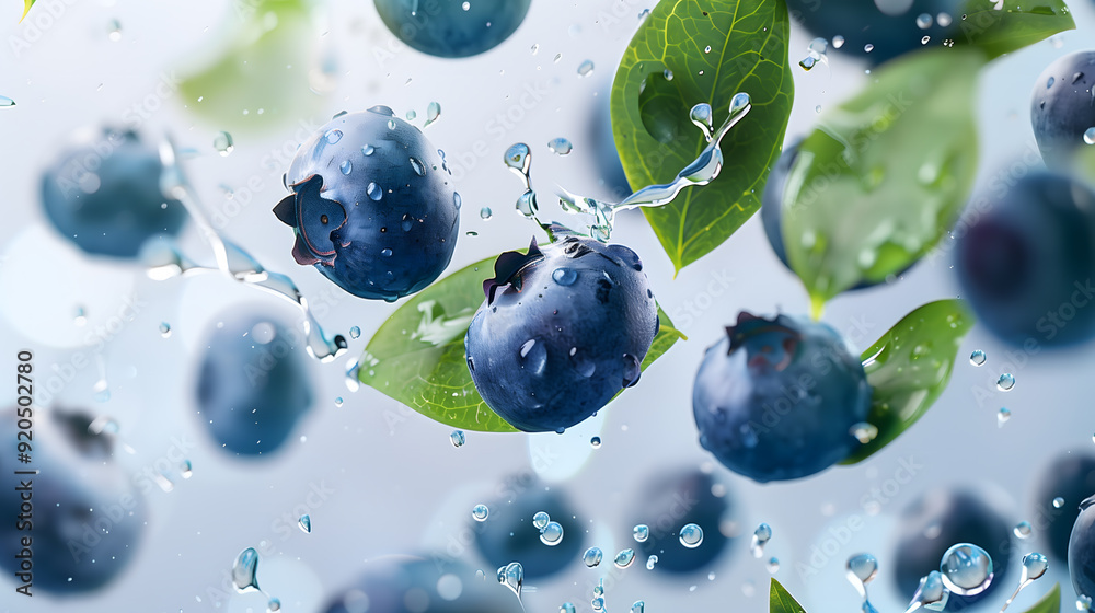 Blueberries falling into water with a globe in the background Blueberries falling into water with a globe in the background