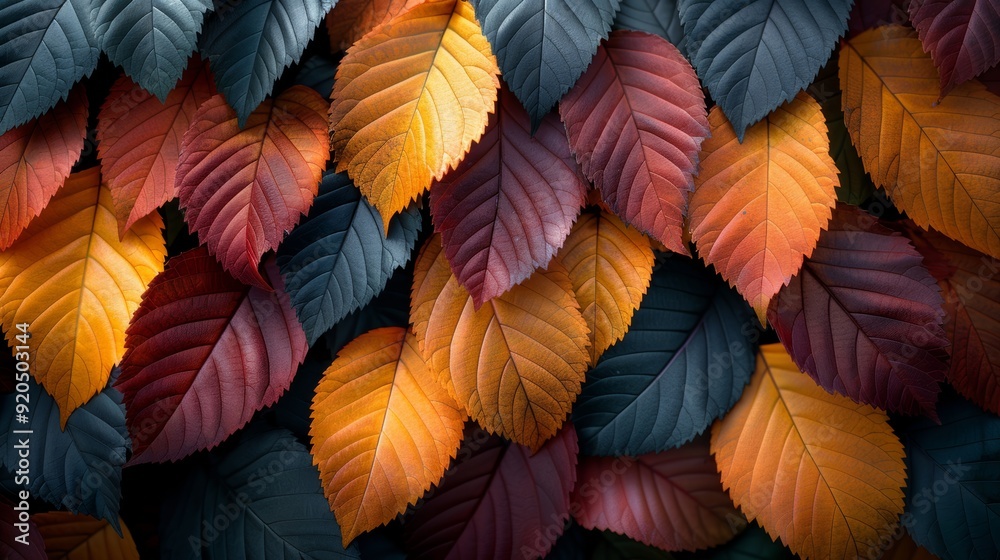 Fototapeta premium Colorful leaves in autumn hues arranged in an artistic pattern