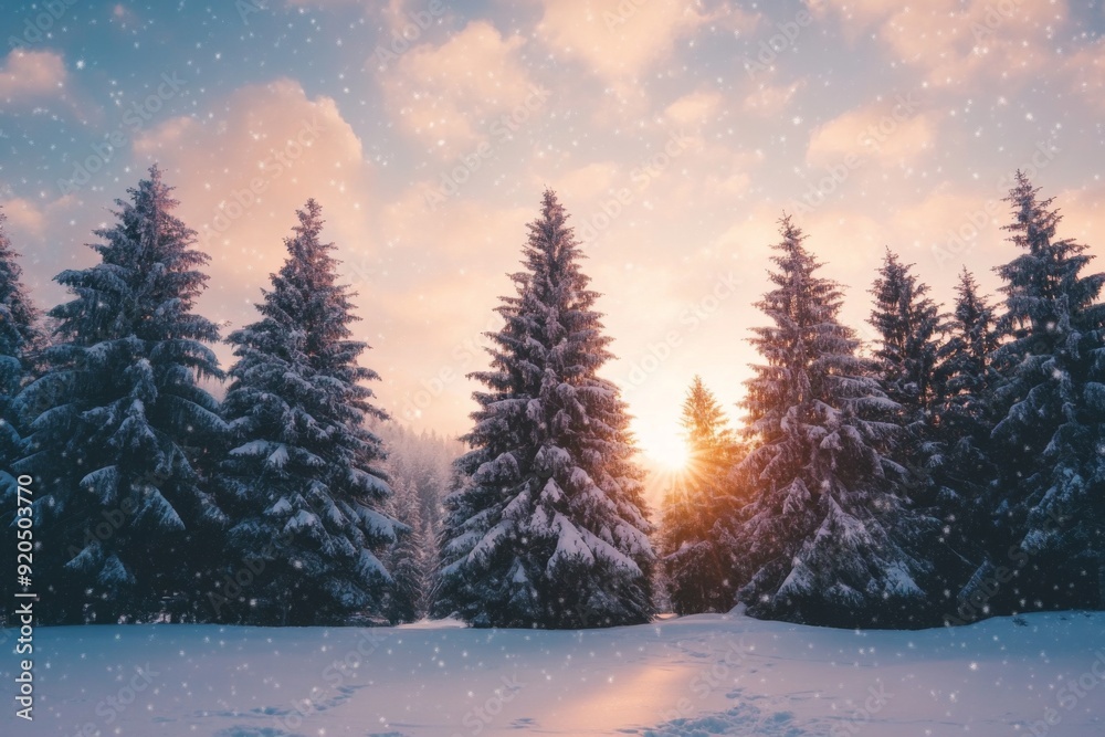 Fototapeta premium Winter Landscape Wallpaper with Snowy Pine Forest and Scenic Sky at Sunset, Perfect for Christmas and New Year's Greeting Cards.