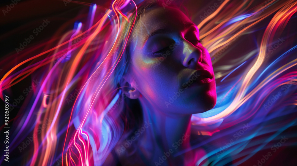 Long exposure portrait of the woman  in a smoke, neon glow. 