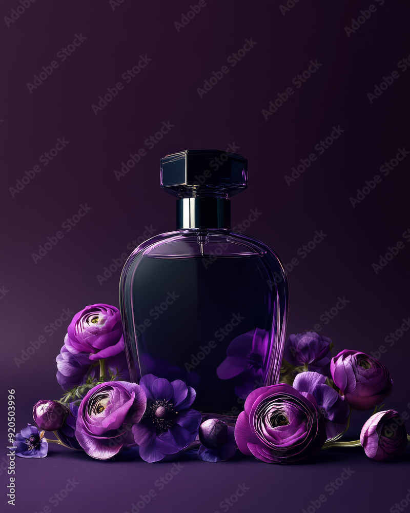 A luxury bottle of perfume with purple flowers on a darkpurple background A luxury bottle of perfume with purple flowers on a darkpurple background