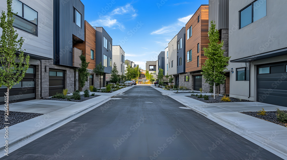 Obraz premium Spotless, Uninhabited Street Flanked by Contemporary Townhouses in a Brand-New Neighborhood.