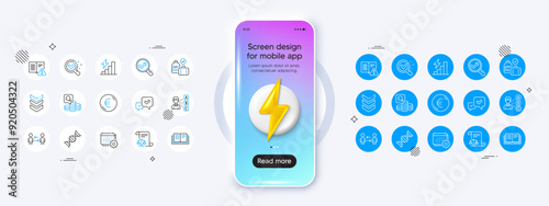 Calendar, Chemistry lab and Opinion line icons. Phone mockup with 3d energy icon. Pack of Approve, Instruction manual, Chemistry dna icon. Vector