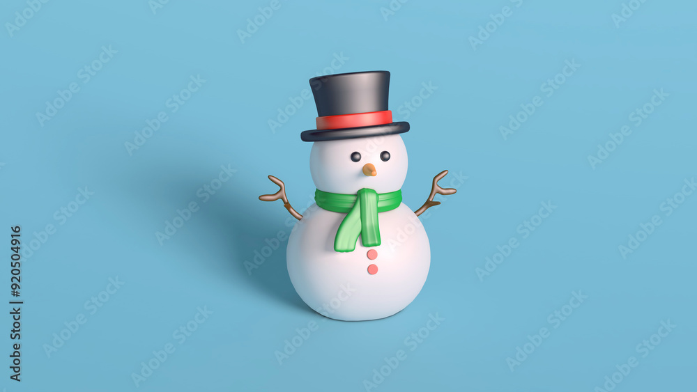 3D Snowman with Green Scarf and Top Hat on Blue Background 3D Snowman with Green Scarf and Top Hat on Blue Background