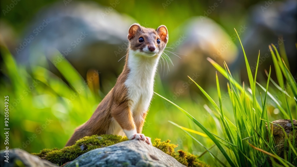 Small, carnivorous mammal, the least weasel, with a brown back, white underside, and bushy tail, stands alert in a green meadow with a rocky outcropping. Small, carnivorous mammal, the least weasel, with a brown back, white underside, and bushy tail, stands alert in a green meadow with a rocky outcropping.