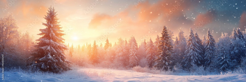 Winter Landscape Wallpaper with Snowy Pine Forest and Scenic Sky at Sunset, Perfect for Christmas and New Year's Greeting Cards. Winter Landscape Wallpaper with Snowy Pine Forest and Scenic Sky at Sunset, Perfect for Christmas and New Year's Greeting Cards.