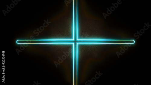 A neon cross in a cyberpunk atmosphere on a dark background exposing the cross. 4K illustration photo