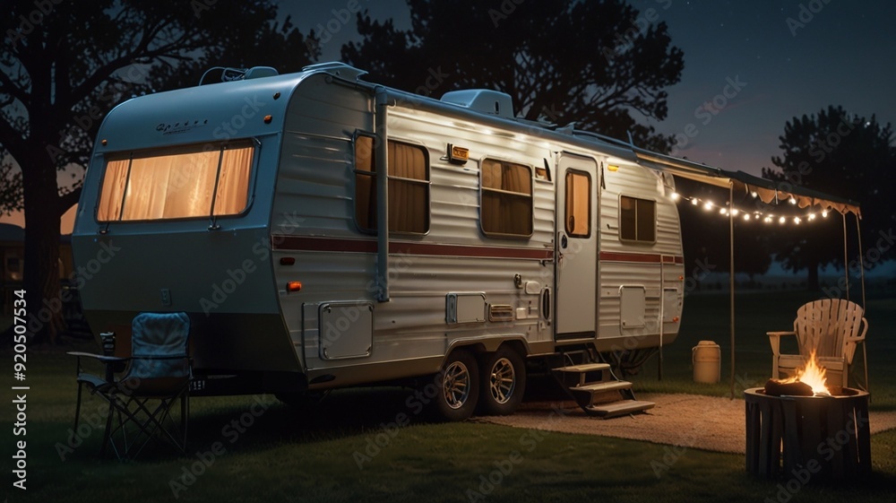 Camper trailer in the countryside at night. Camper trailer in the countryside at night.