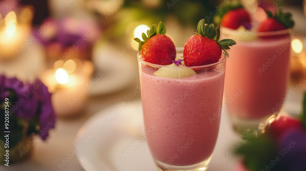 Strawberry smoothie on the party table. Strawberry smoothie on the party table.
