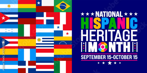 National Hispanic Heritage Month festival world flag background or banner template. use to banner, card, poster, placard, design template with unique shapes.