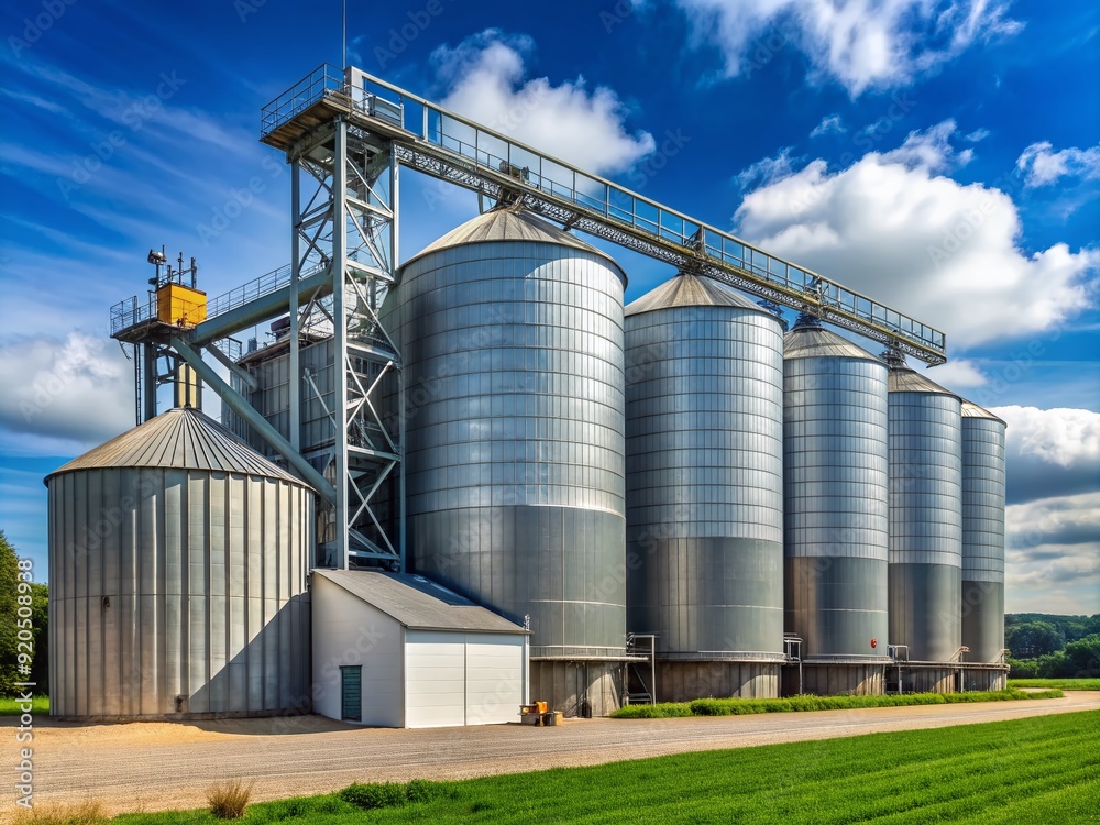 Large agricultural silo stands tall beside a feed mill factory, its massive tank storing grains for the manufacturing of animal feed products. Large agricultural silo stands tall beside a feed mill factory, its massive tank storing grains for the manufacturing of animal feed products.