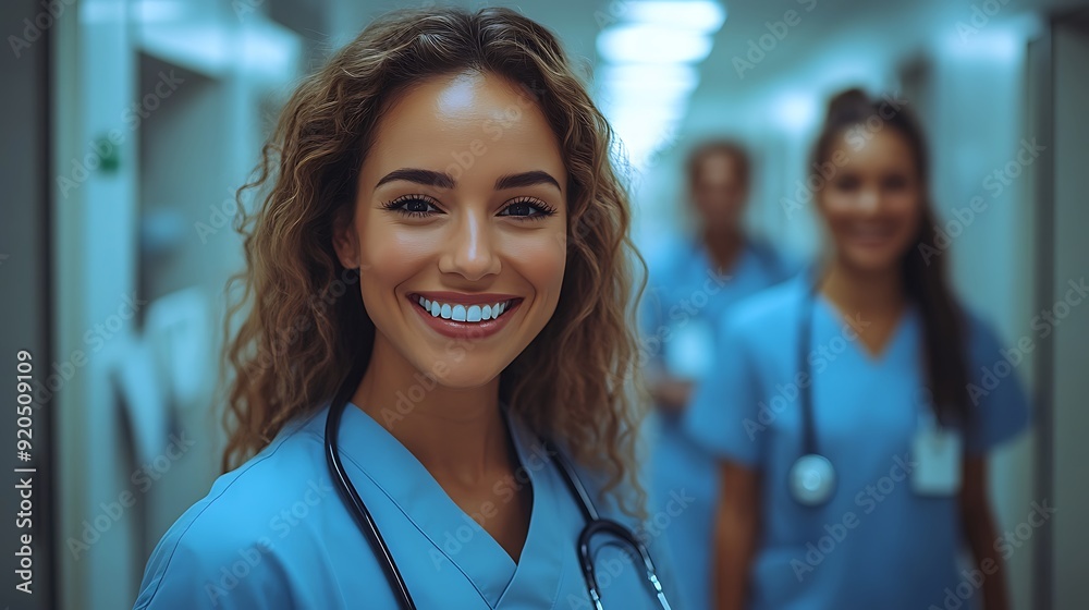 Smiling female doctor with stethoscope in a hospital hallway. Smiling female doctor with stethoscope in a hospital hallway.
