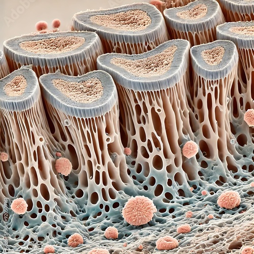 A detailed microscopic image showing toenail fungus with branching, thread-like structures in shades of beige and brown, and clusters of bright pink spores scattered across the textured surface. photo