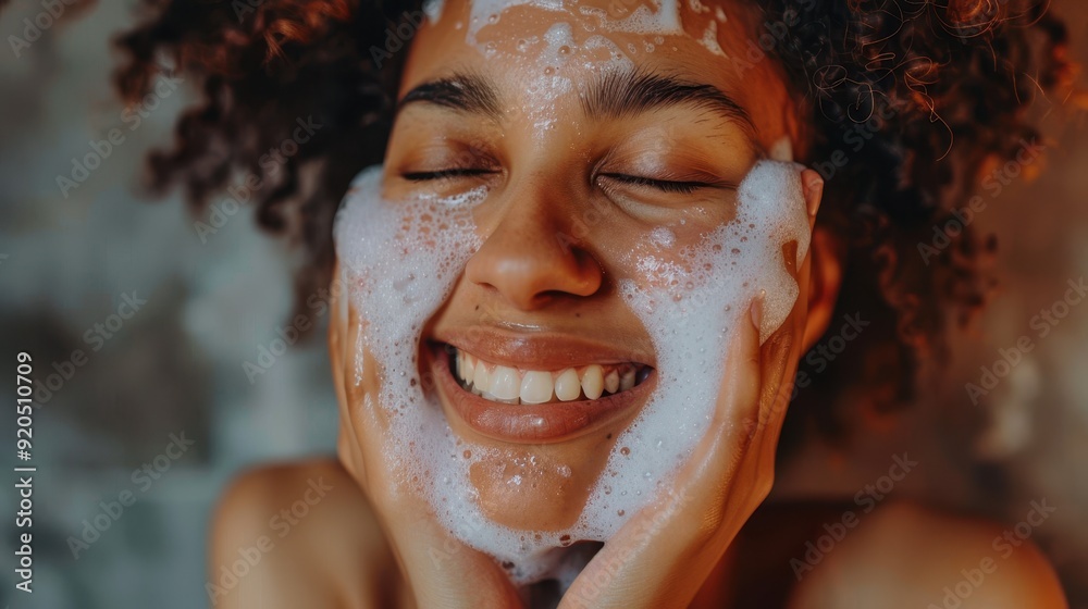 Joyful Woman Washing Face with Foamy Cleanser, Close-Up of Smiling Face with Soap Bubbles