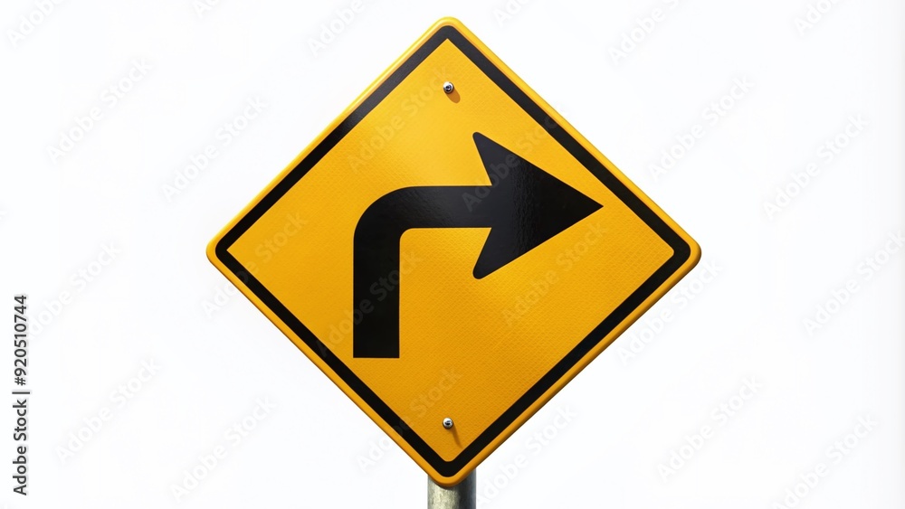 Warning sign with bold black arrow indicating a sharp and hazardous turn, isolated on a clean white background, symbolizing caution and risk on the road. Warning sign with bold black arrow indicating a sharp and hazardous turn, isolated on a clean white background, symbolizing caution and risk on the road.
