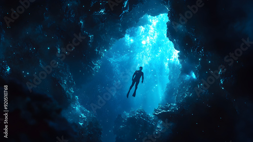 A freediver exploring an underwater cave illuminated by bioluminescent algae, with the diver’s body glowing subtly against the vibrant cave environment.