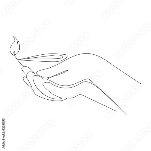 Continuous one line drawing diwali hands holding with lamp candle with vactor