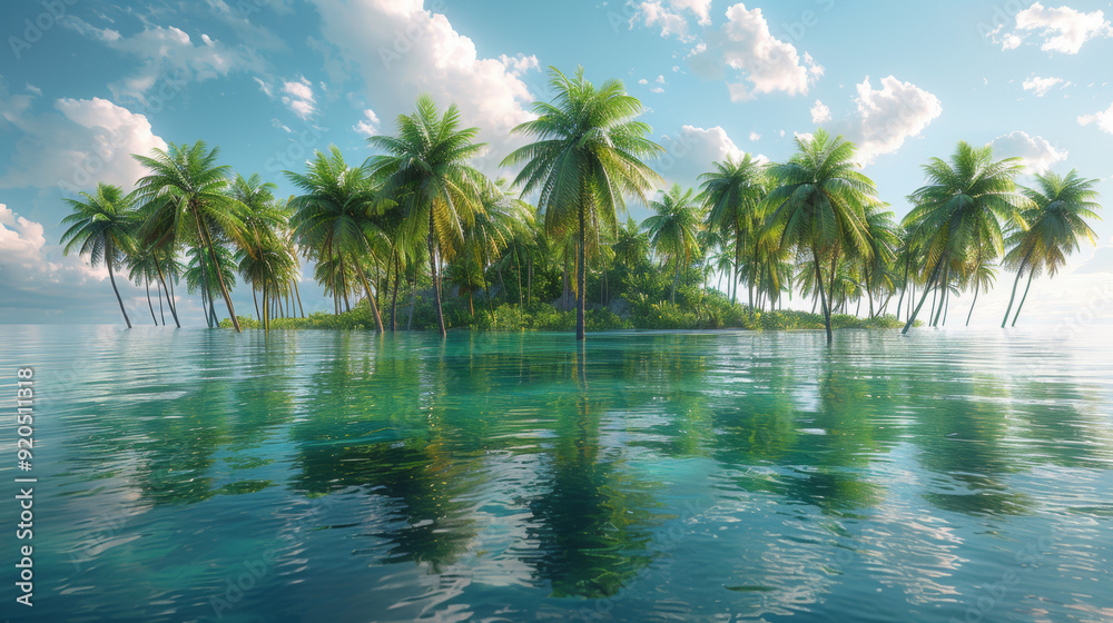 Pristine Tropical Island Idyll: High-Resolution, Hyper-Realistic Palm Trees on Crystal Waters, Soft Sunlight, and Natural Clarity Reflected in a White Canvas of Peace.
