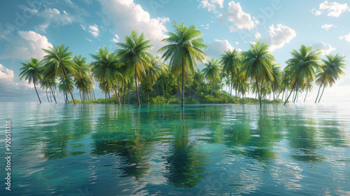 Pristine Tropical Island Idyll: High-Resolution, Hyper-Realistic Palm Trees on Crystal Waters, Soft Sunlight, and Natural Clarity Reflected in a White Canvas of Peace.
