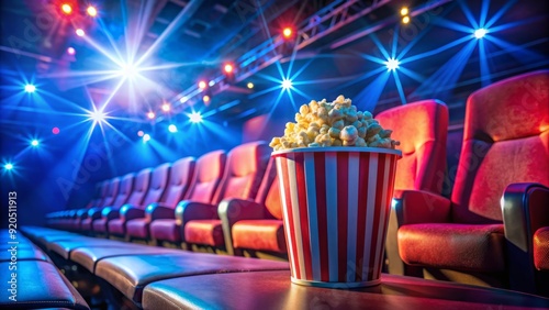 Vibrant neon lights reflect off a bucket of freshly popped popcorn, surrounded by empty seats, in a dimly lit, nostalgic movie theater atmosphere. photo