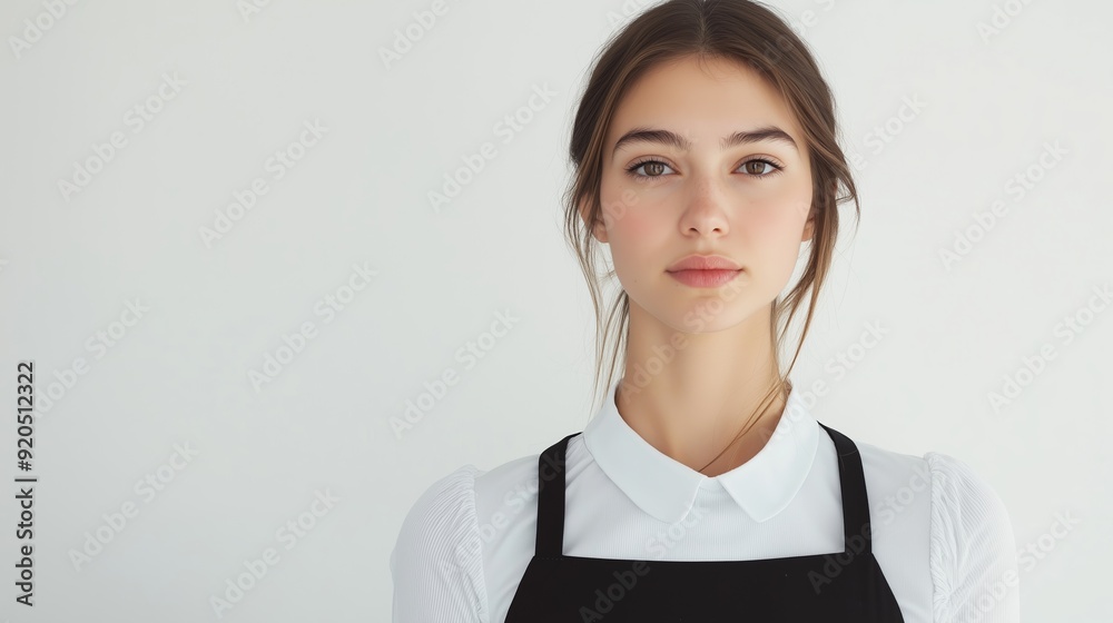 Young woman in a black apron poses confidently against a light background during a casual indoor setting Young woman in a black apron poses confidently against a light background during a casual indoor setting