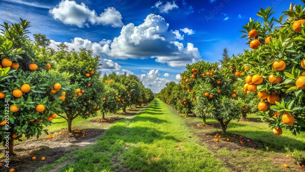 Naklejka premium Vibrant orange grove under sunny blue sky in rural Florida, with lush green trees heavy with juicy oranges, showcasing the state's thriving agricultural industry.
