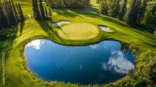 Aerial view of a golf course with a green and a pond in the middle of the course.