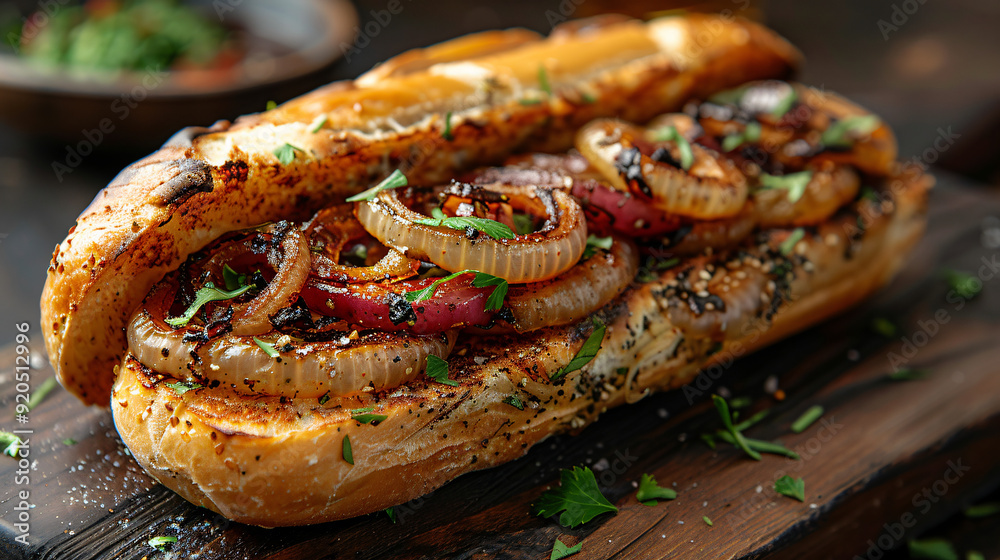 Bun stuffed with baked onions on wooden board Bun stuffed with baked onions on wooden board