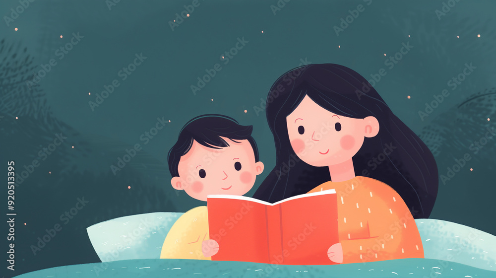 Mother Reading a Bedtime Story to Her Child in a Cozy Bedroom, Warm Family Bonding, Nighttime Routine, Child's Imagination, Comfortable Bed, Parent-Child Relationship, Engaging Story, Peaceful Night Mother Reading a Bedtime Story to Her Child in a Cozy Bedroom, Warm Family Bonding, Nighttime Routine, Child's Imagination, Comfortable Bed, Parent-Child Relationship, Engaging Story, Peaceful Night
