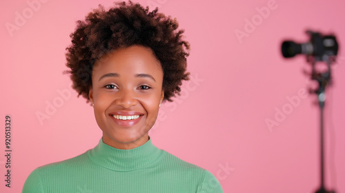 African American Influencer Smiling at Camera in Stylish Pink Studio Home Recording Professional Vlogger Headshot with Green Sweater and Blurred Camera in Background