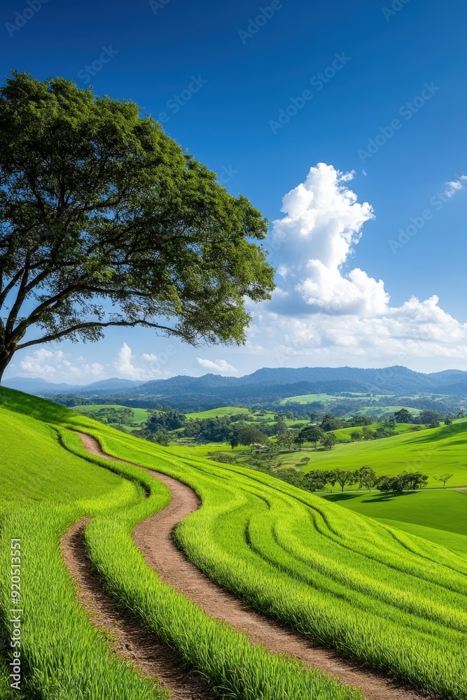 Fototapeta premium Serene rice terraces under a vibrant blue sky with rolling hills and a solitary tree