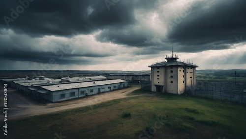 Stormy sky over an abandoned prison with watchtower.