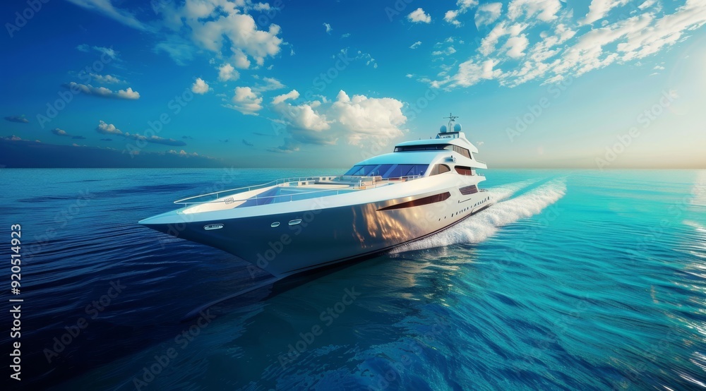 Naklejka premium A breathtaking luxury yacht gracefully gliding through calm and serene waters under a stunning sunset sky