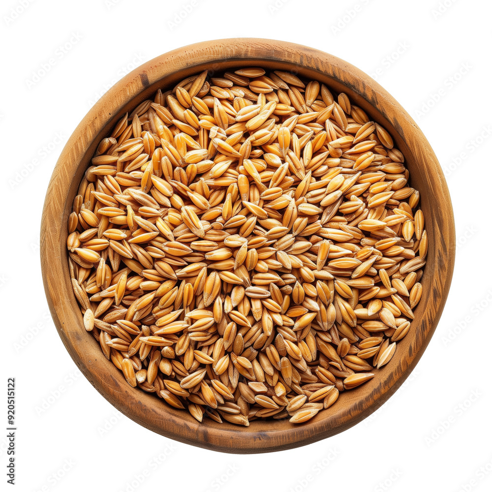 Wooden bowl with wheat grains isolated on white background with clipping path, top view Wooden bowl with wheat grains isolated on white background with clipping path, top view