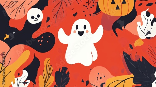 Happy Halloween. Vector cute modern illustration of ghost, logo, pumpkin, abstract shapes, for banner, poster, flyer, background or pattern 