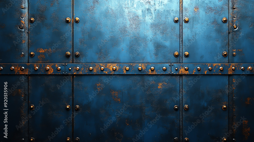 Fototapeta premium A blue metal surface with rusty spots and rivets.