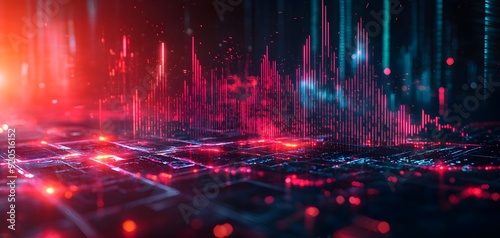 Abstract digital landscape with glowing red and blue lights.