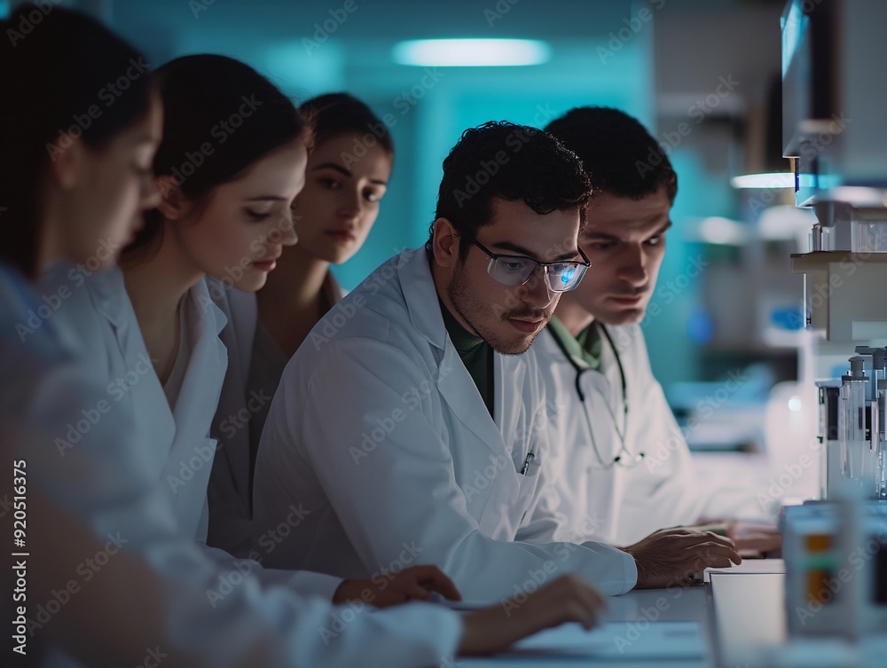 Equipo Médico Enfocado Colaborando en un Entorno de Laboratorio Moderno Equipo Médico Enfocado Colaborando en un Entorno de Laboratorio Moderno