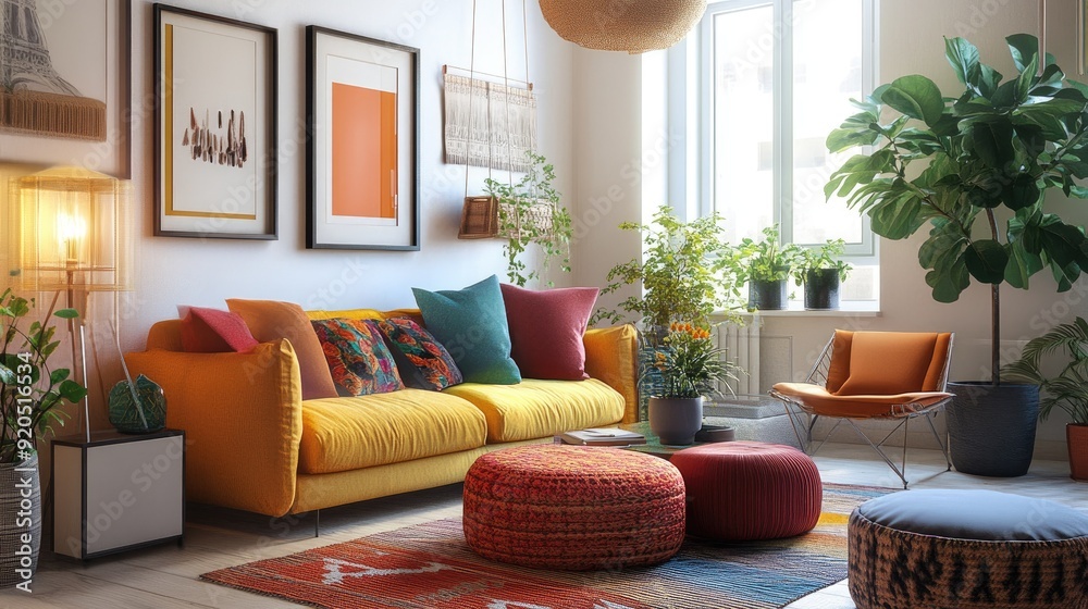 Obraz premium A bright and inviting living room featuring colorful decor, natural light, and a cozy, comfortable vibe.