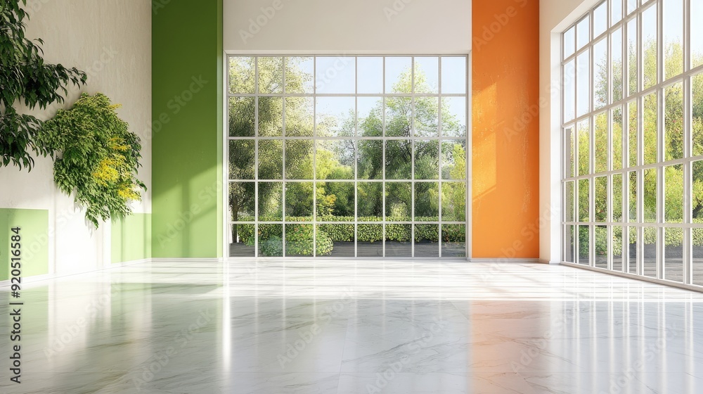 Fototapeta premium A bright, empty loft space with a garden view, green and orange accent walls, and polished marble floors, inviting natural light.