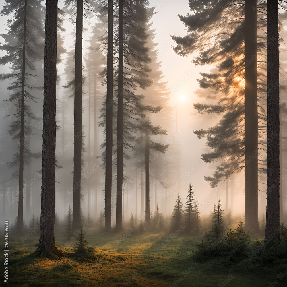 A serene, misty forest with tall pine trees and a gentle sunrise illuminating the fog A serene, misty forest with tall pine trees and a gentle sunrise illuminating the fog